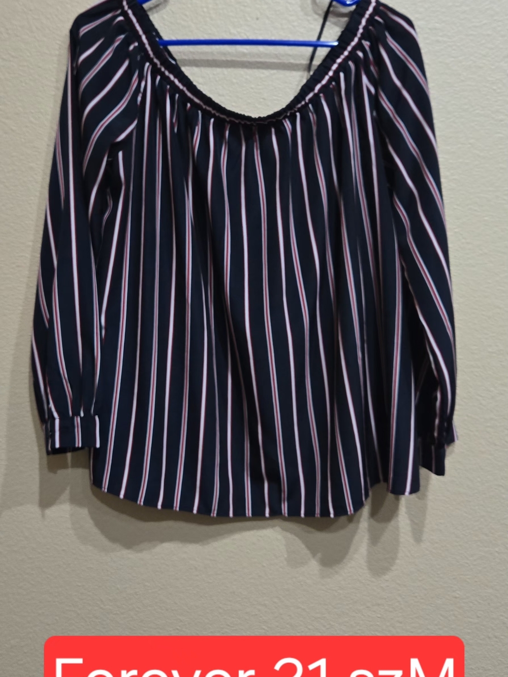 Forever 21 Navy Off-Shoulder Top with Pink and White Stripes